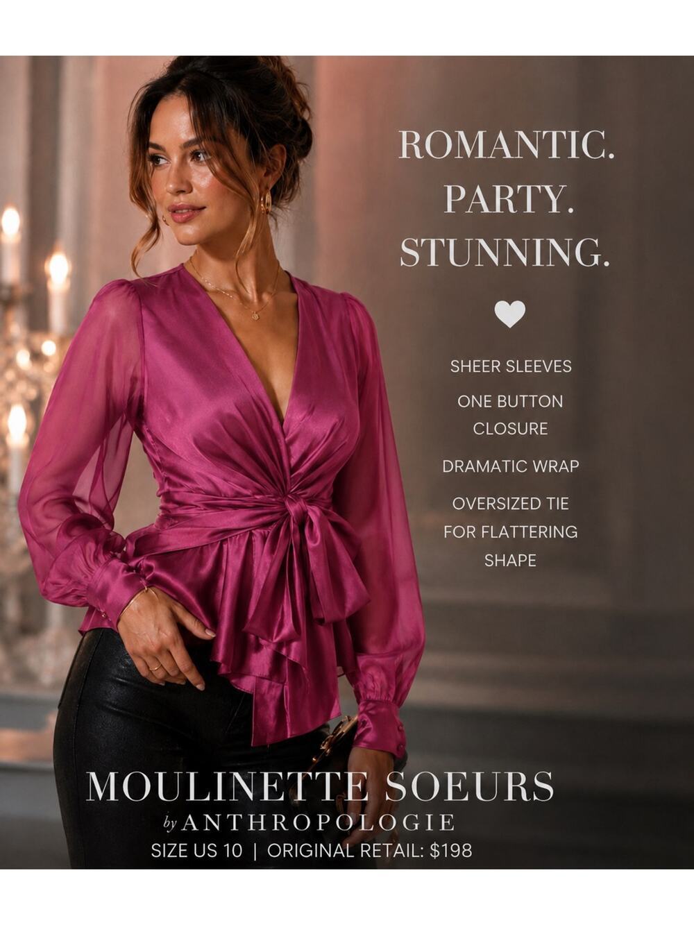 Anthropologie Moulinette Soeurs Romantic Party Satin Wrap Blouse Sheer Sleeve 10